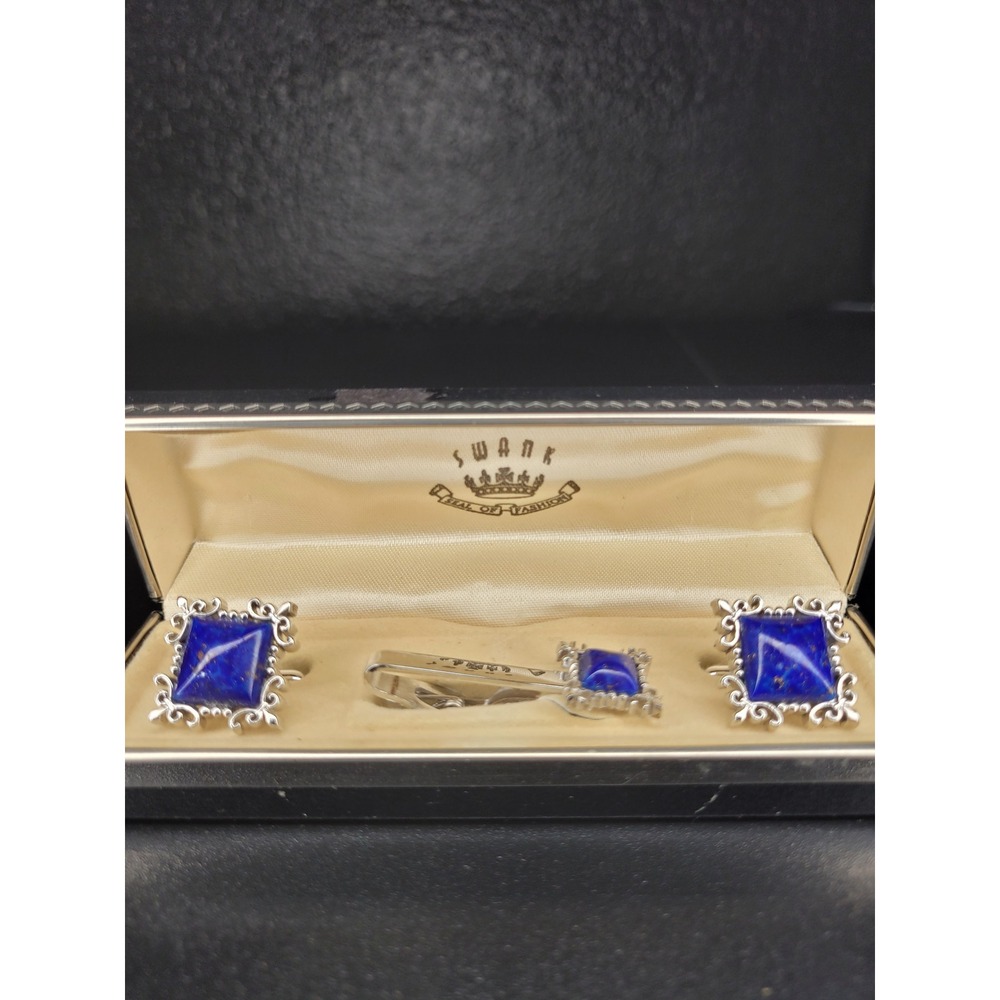 Swank Cufflink Tie Clip Set Blue Square Stone Silver Tone Scrollwork Excellent